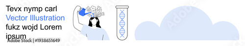 Science innovation, DNA research, cognitive science, brain activity, education, biotechnology. Human silhouette with test tube and brain patterns. DNA research and cognitive science