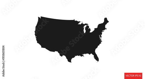 Solid Black Silhouette of the Continental United States Map on a White Background desi