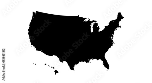 Solid Black Silhouette of the United States Map Including Alaska and Hawaii on White d