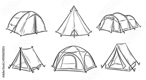 Collection of hand-drawn sketches showcasing various styles of camping tents and outdoor shelters for recreational activities