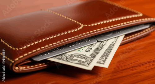 Brown leather wallet with cash on wooden table.