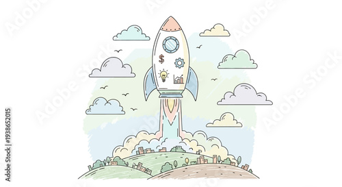 Colorful cartoon rocket ship launching into the sky with clouds.