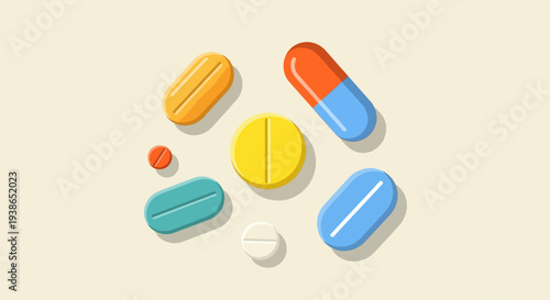 Assortment of colorful medical pills and capsules representing health, treatment, and pharmaceutical care, depicted as a modern flat vector illustration