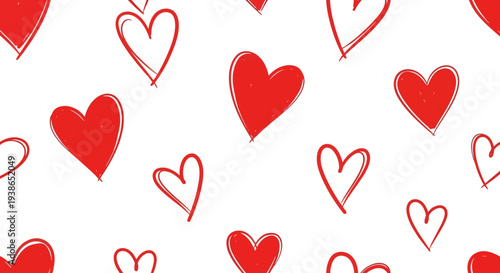 Seamless hand-drawn red hearts pattern creating a charming and romantic background, perfect for expressing affection and celebrating love with a doodle style design