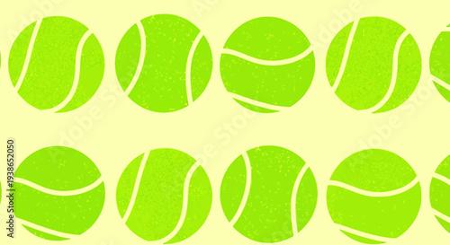 Vibrant graphic pattern featuring stylized neon green tennis balls arranged uniformly on a soft yellow background, perfect for sports-themed designs and energetic visuals