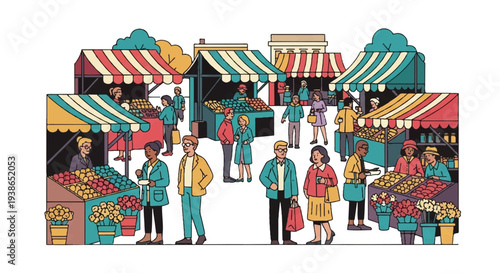 Outdoor market scene with stalls people and products illustration