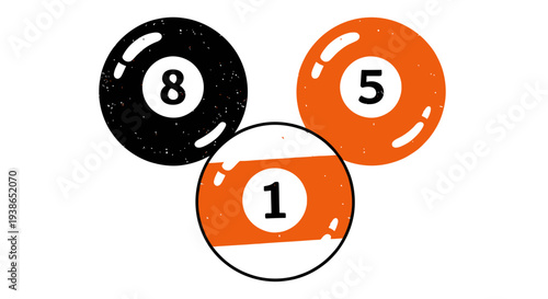 Distressed graphic showing a black 8-ball, striped 1-ball, and orange 5-ball, symbolizing the classic game of billiards with a vintage textured aesthetic
