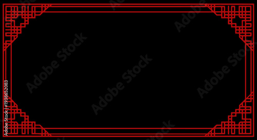 Elegant red oriental border design on a stark black background, showcasing traditional Asian geometric patterns for a decorative frame perfect for cultural themes