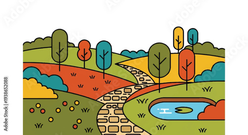 Stylized landscape illustration path pond trees and foliage