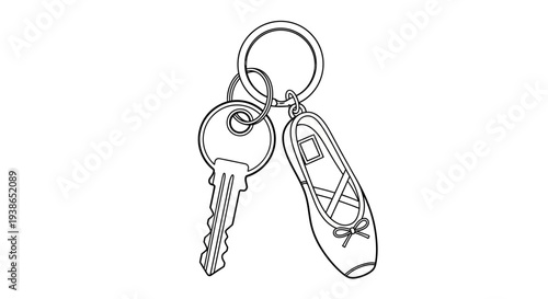 Elegant black and white line art illustration of a keyring holding a classic key and a charming ballet slipper, symbolizing the dedication to dance and the rhythm of daily life