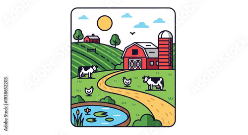 Farm scene illustration cows barn and landscape vector design