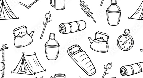 Seamless Hand-Drawn Camping Pattern with Outdoor Adventure Elements - A Whimsical Monochrome Design for Nature Lovers and Explorers Seeking Wilderness Getaways and Recreation