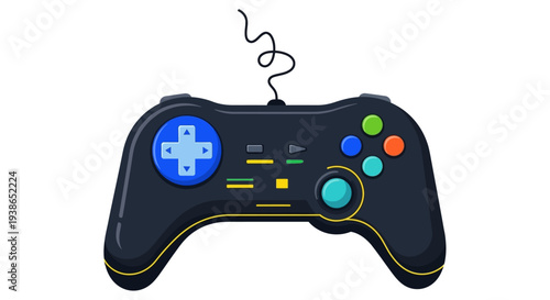 Sleek dark video game controller illustration with vibrant buttons and joysticks, symbolizing modern digital entertainment, interactive play, and immersive gaming experiences