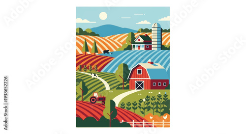 Farm scene illustration fields barn silo tractor countryside landscape agriculture