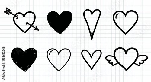 Assortment of charming hand-sketched heart icons, ideal for conveying affection, romance, and artistic flair in various design applications and creative projects