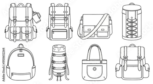 Essential line art collection of diverse bag designs, showcasing various styles of backpacks, messenger bags, and practical totes for travel and daily routines