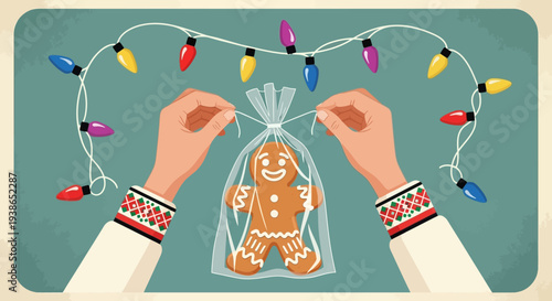 Festive hands carefully packaging a homemade gingerbread cookie, adorned with vibrant holiday lights, ready for joyful Christmas gifting and seasonal celebrations