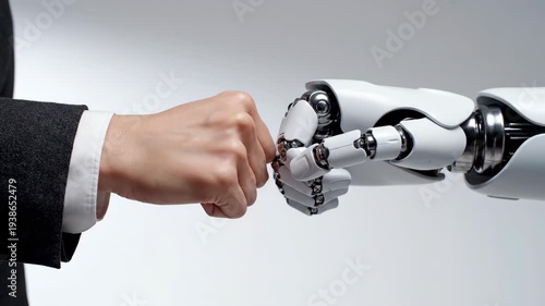 Businessman extends fist to greet robot hand in sequential frames. Human-robot fist bump interaction from approach to contact. Symbolizing collaboration between people and artificial intelligence in