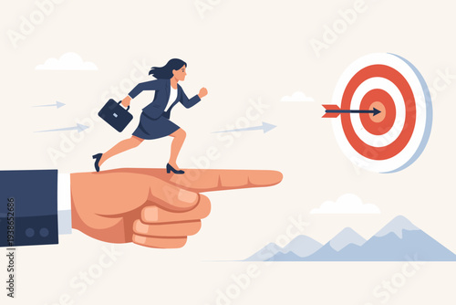 Ambitious businesswoman running towards a bullseye target on a giant pointing hand, concept of goal setting, focus, career success, professional guidance, leadership, and mission achievement.