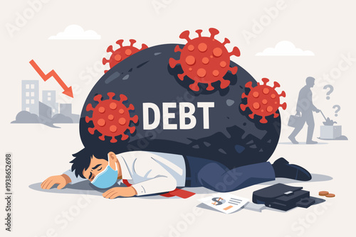 Businessman Wearing Face Mask Crushed by a Giant Rock Labeled Debt with Coronavirus Virus Cells Representing Economic Crisis, Financial Crash, Unemployment, and Bankruptcy During Pandemic