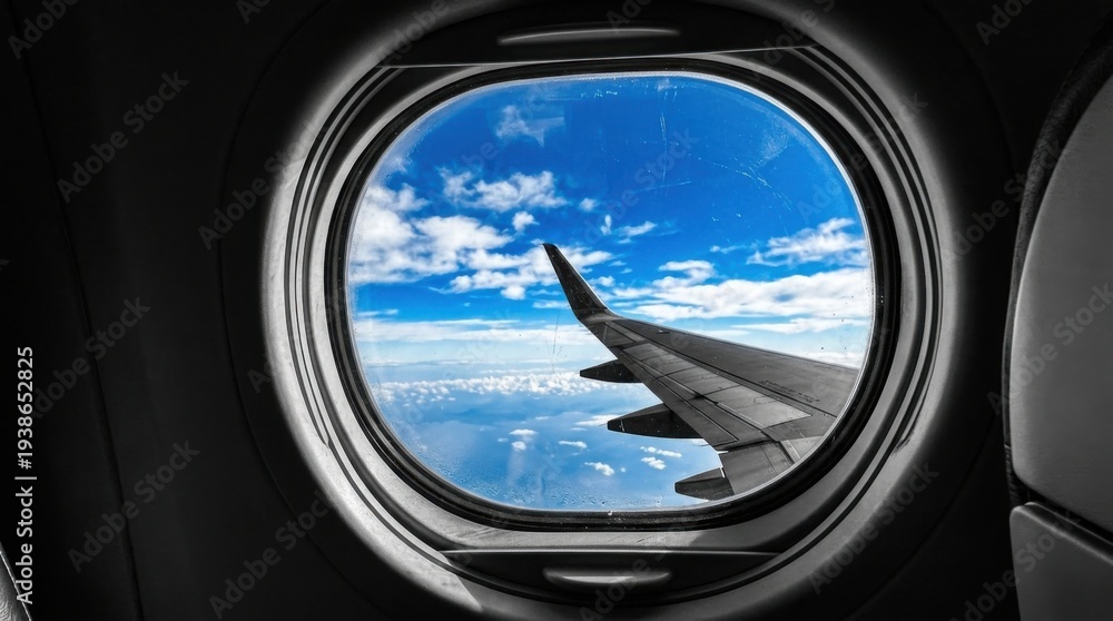 Fototapeta premium Airplane window view of the wing and the beautiful sky.
