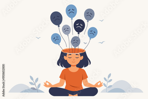 Young woman practicing mindfulness meditation to release negative thoughts and anxiety, represented by sad face balloons flying away from her head, mental health and emotional wellness concept