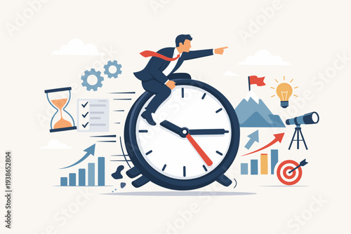 Business Time Management Concept with Businessman Riding a Clock and Pointing Forward. Illustration of Productivity, Vision, Strategy, Deadlines, Goals, and Efficiency with Various Icons.