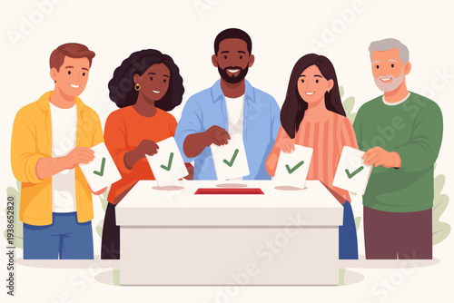 Diverse multiethnic group of people casting votes with green checkmarks into a ballot box for political election, democracy, community poll, employee feedback, or customer survey illustration.
