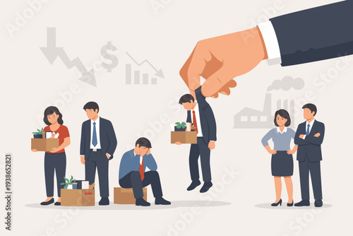 Corporate Downsizing and Job Layoff Concept with Fired Employees Carrying Boxes During Economic Recession, Giant Hand Removing Staff Member, Financial Crisis and Unemployment Vector Design