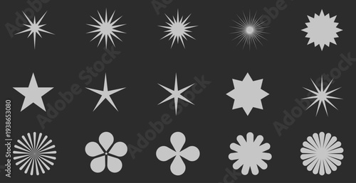 A comprehensive collection of 15 minimalist vector shapes, including stars, sunbursts, sparkles, and floral motifs