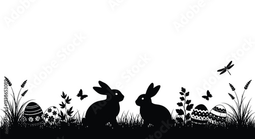 Two rabbits face each other among grass and eggs.