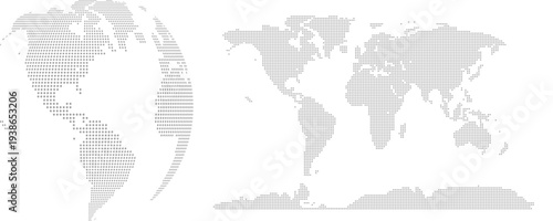 Dotted World Map and 3D Globe Made of Dots – Global International Planet Concept Vector Illustration