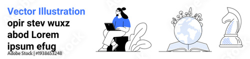 Education, technology, global learning, strategy, business planning, personal growth. Woman using laptop, globe with book chess knight icon. Education and technology concepts