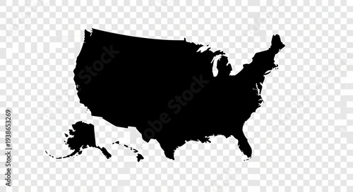 Black Silhouette Map of the United States Including Alaska on Transparent Background d