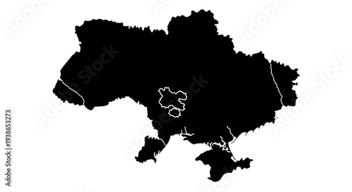 Black silhouette map of Ukraine showing its geographical borders and internal administrative... desi