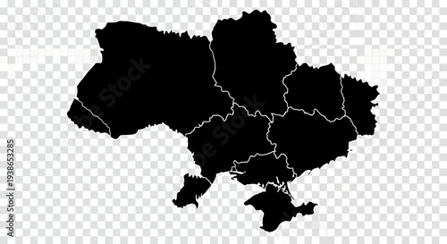 Black silhouette map of Ukraine with internal regional divisions on a transparent background
