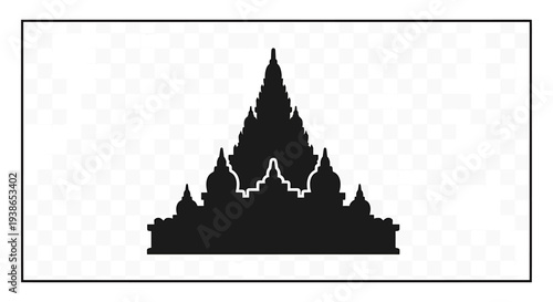 Black silhouette of a large temple structure with multiple spires and tiered levels against a... des