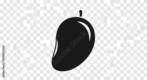Black silhouette of a mango fruit with a stem on a transparent background