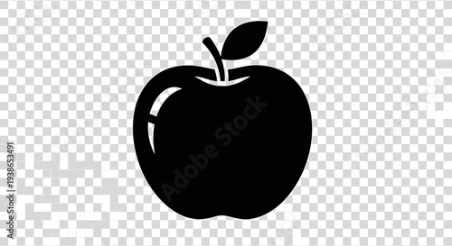 Black Silhouette of an Apple with a Stem and Leaf on a Transparent Background with Subtle Shadow des