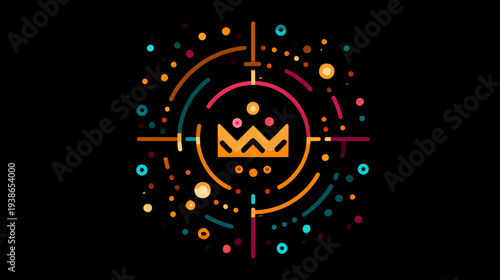 A colorful geometric design on a black background, featuring a crown in crosshairs