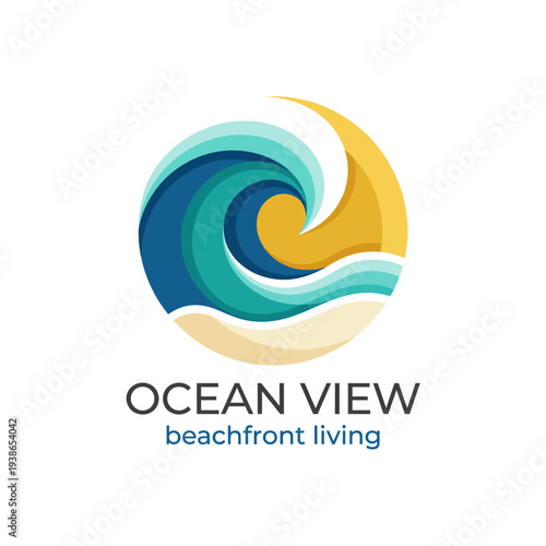 This logo artfully combines ocean waves and warm colors to represent beachfront living, making it ideal for real estate and vacation property promotions.