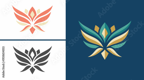 An elegant logo design with vibrant color variations showcasing a floral flourish motif, representing beauty, creativity, and transformation in artistic branding.
