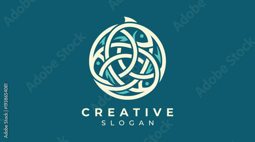 This image showcases an intricate logo design that emphasizes creativity and unity with flowing lines and fish motifs, illustrating the interconnectedness of art and nature.
