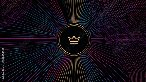 Abstract graphic featuring crown icon within a circle, radiating colored lines on a black background
