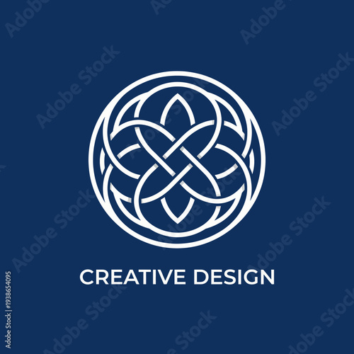 This elegant logo features a complex interwoven design, symbolizing creativity, interconnected ideas, and the artistry of design in a clean, modern circular shape.