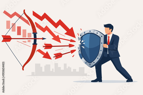 Businessman holding a shield to protect from stock market crash, economic crisis, and inflation. Concept of wealth management, financial security, risk management, and investment defense strategy.