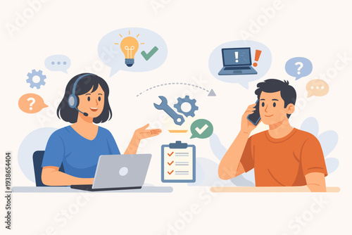 Customer Service Representative Helping Man with Technical Issues on Laptop via Phone Call, Operator with Headset Providing Solutions, Advice, and Support for Troubleshooting Problems and Help.