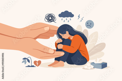 Vector illustration of mental health care and psychological support for depression showing protective hands around a sad woman with symbols of anxiety, grief, stress, and emotional healing.