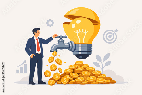 Businessman Turning a Faucet Attached to a Lightbulb to Generate Gold Coins, Symbolizing Monetizing Creative Ideas, Business Innovation, Financial Success, Wealth Creation, and Profit Growth.