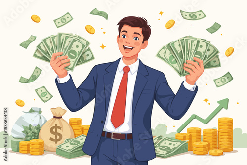 Happy Businessman Holding Fans of Cash and Dollar Bills with Falling Money, Stacks of Gold Coins, and Profit Growth Arrow, Concept of Financial Success, Wealth, Investment, and High Earnings.